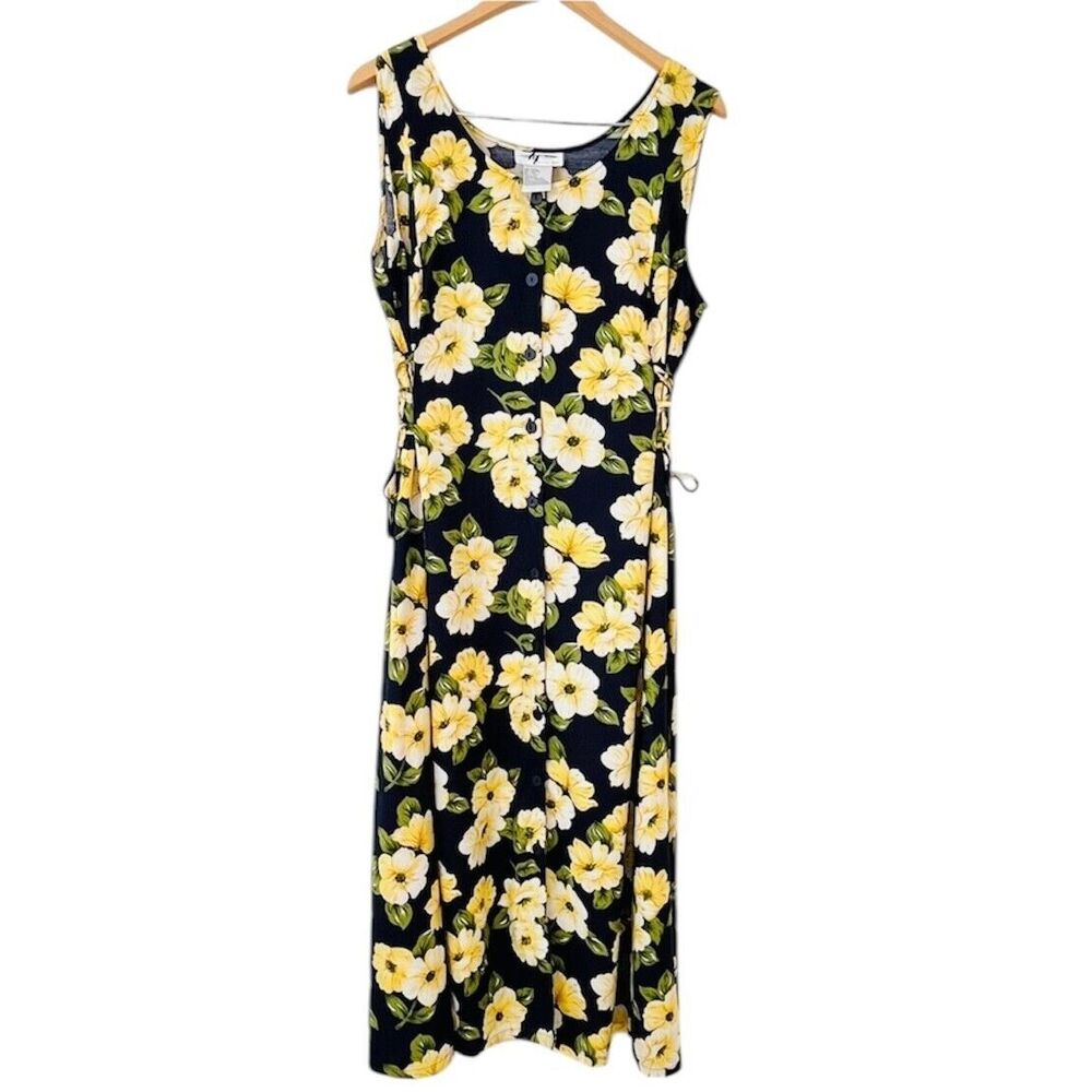 Vtg 90s Alix Taylor Rayon Button Front Midi Dress Lace Up Sides Cottagecore 18 W